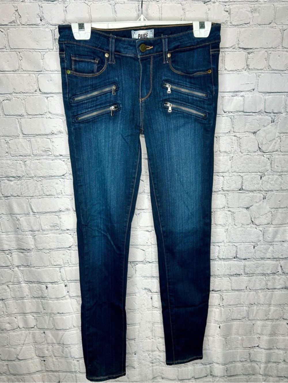 PAIGE Edgemont Jeans 28 Dark Wash Moto 4 Zip Skinny Stretch Denim